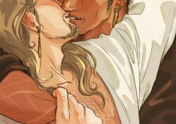 Rule 34 | 2boys, aged up, arms around neck, bara, beard, borrowed clothes, chest hair, close-up, couple, dark-skinned male, dark skin, earrings, facial hair, green hair, head out of frame, highres, hug, jewelry, kiss, lips, long hair, long sideburns, male focus, mature male, multiple boys, muscular, muscular male, mustache, mutual hug, official alternate costume, official alternate hairstyle, olive santhea, one piece, open clothes, open shirt, pectoral cleavage, pectorals, roronoa zoro, sanji (one piece), short hair, sideburns, yaoi