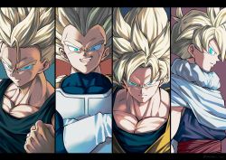 Rule 34 | 4boys, :d, aqua background, armor, black border, blonde hair, blue background, blue eyes, border, cape, clenched hand, close-up, closed mouth, crossed arms, dougi, dragon ball, dragonball z, father and son, frown, gloves, highres, letterboxed, looking at viewer, looking to the side, male focus, manly, mattari illust, multiple boys, open mouth, panels, profile, purple background, red background, serious, shaded face, simple background, smile, son gohan, son goku, spiked hair, super saiyan, super saiyan 1, tank top, teeth, trunks (dragon ball), trunks (future) (dragon ball), twitter username, upper body, upper teeth only, vegeta, white gloves