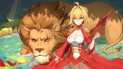 Rule 34 | 1girl, absurdres, ahoge, blonde hair, braid, breasts, cleavage, epaulettes, fate/grand order, fate (series), green eyes, halterneck, highres, lion, looking at viewer, mane, nero claudius (fate), nero claudius (fate) (all), nero claudius (fate/extra), partially submerged, petals, scar, see-through, smirk, solo, standing, sword, water, weapon, wide sleeves, wind, xiaoxiao nanjue buyaokeng, yellow eyes