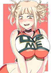 Rule 34 | 1girl, absurdres, blonde hair, blunt bangs, blush, boku no hero academia, breasts, breasts squeezed together, cheerleader, double bun, hair bun, highres, large breasts, messy hair, midriff, senak012, solo, toga himiko, yellow eyes