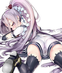Rule 34 | 10s, 1girl, ass, black gloves, black thighhighs, dress, eyebrows, gloves, hair ribbon, hatsuharu (kancolle), kantai collection, long hair, looking at viewer, looking back, lying, nekometaru, on stomach, personification, ponytail, purple eyes, purple hair, ribbon, sailor dress, simple background, solo, thick eyebrows, thighhighs, very long hair, white background