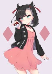 Rule 34 | 1girl, absurdres, aqua eyes, asymmetrical bangs, asymmetrical hair, black hair, black jacket, black nails, blue background, blush, breasts, choker, collarbone, commentary request, creatures (company), dress, earrings, game freak, hair ribbon, highres, holding, holding poke ball, jacket, jewelry, kokiri miki, long sleeves, looking at viewer, marnie (pokemon), medium hair, nail polish, nintendo, open clothes, pink dress, poke ball, poke ball (basic), pokemon, pokemon swsh, red ribbon, ribbon, simple background, small breasts, solo, twintails