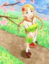 Rule 34 | 1girl, :d, bandeau, bare shoulders, basket, blonde hair, blue eyes, blush, braid, capelet, cherry blossoms, crop top, day, detached sleeves, elf, flower, from above, long hair, magekichi, midriff, miniskirt, open mouth, original, outdoors, petals, pointy ears, red flower, red rose, river, road, rose, skirt, smile, solo, standing, twin braids, very long hair
