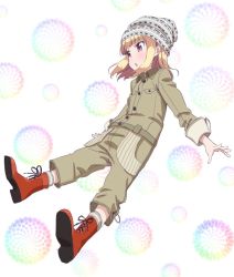 Rule 34 | 1girl, blonde hair, boots, brown pants, brown shirt, dress shirt, floating hair, full body, grey hat, hat, iijima yun, makicha (sasurainopink), new game!, open mouth, outstretched arms, pants, red eyes, red footwear, shirt, solo