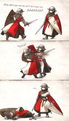 Rule 34 | 2girls, 3koma, absurdres, armor, armored boots, boots, brown hair, catfight, chainmail, comic, commentary, english commentary, english text, gambeson, helmet, highres, holding, holding shield, holding sword, holding weapon, in the face, ironlily, kettle helm, knight, medieval, mole, mole under eye, multiple girls, original, shield, sword, typo, unconscious, weapon