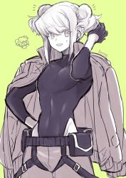Rule 34 | 1boy, belt, belt buckle, buckle, commentary request, covered navel, cowboy shot, double bun, gloves, green background, hair between eyes, hair bun, highres, jacket, leotard, lio fotia, male focus, monochrome, pouch, promare, simple background, solo, takatsuki ichi