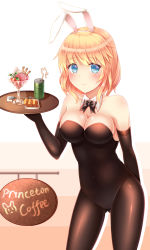 Rule 34 | 1girl, absurdres, animal ears, bare shoulders, bauxite, black gloves, black pantyhose, blonde hair, blue eyes, blush, bow, bowtie, breasts, character name, cleavage, detached collar, drinking straw, drum (container), elbow gloves, fake animal ears, food, gloves, highres, ice cream, leotard, looking at viewer, pantyhose, playboy bunny, princeton (warship girls r), rabbit ears, short hair, sign, smile, solo, spoon, tray, warship girls r, zhou yu (ppaaqz1995)