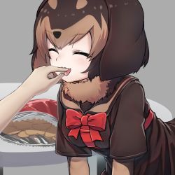 Rule 34 | 1girl, :3, animal ears, animal print, bow, bowtie, brown hair, brown shirt, chips (food), closed eyes, commentary request, dachshund (kemono friends) (nyifu), disembodied limb, dog ears, dog print, elbow gloves, finger in another&#039;s mouth, finger in own mouth, food, fur collar, gloves, harness, kemono friends, light brown hair, multicolored hair, nyifu, open mouth, original, print gloves, red bow, red bowtie, sailor collar, shirt, short hair, short sleeves, solo