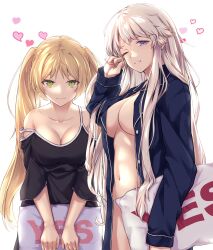 Rule 34 | 2girls, azur lane, bare shoulders, black shirt, blonde hair, blush, breasts, closed mouth, collarbone, commentary request, enchuu kakiemon, enterprise (azur lane), green eyes, grey hair, heart, highres, holding, holding pillow, hornet (azur lane), large breasts, long hair, long sleeves, looking at viewer, multiple girls, navel, off shoulder, one eye closed, open clothes, parted lips, pillow, purple eyes, shirt, simple background, smile, white background