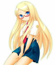 Rule 34 | 1girl, akatsuki (akatsukishiki), akatsuki (artist), blonde hair, blue eyes, blush, glasses, highres, long hair, necktie, school uniform, solo