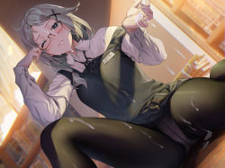 Rule 34 | 1girl, black skirt, blurry, blurry background, blush, book, bookshelf, cameltoe, closed mouth, clothes lift, collared shirt, crotch, cum, cum in mouth, cum on book, cum on clothes, cum on legwear, curtains, evening, facial, glasses, grey eyes, grey hair, highres, library, long sleeves, name tag, non-web source, on floor, one eye closed, original, panties, panties under pantyhose, pantyhose, pleated skirt, sage joh, school uniform, semi-rimless eyewear, shirt, sitting, skirt, skirt lift, solo, thighs, under-rim eyewear, underwear, wariza, white panties, white shirt, window, wooden floor