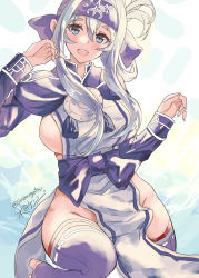Rule 34 | 1girl, :d, ainu, ainu clothes, bandana, blue eyes, blue headband, boots, breasts, commentary request, cropped jacket, dress, folded ponytail, headband, highres, kamoi (kancolle), kantai collection, large breasts, mizuta kenji, one-hour drawing challenge, open mouth, rudder footwear, sideboob, sidelocks, sleeveless, sleeveless dress, smile, thick eyebrows, thigh boots, thighhighs, thighs, white dress, white hair