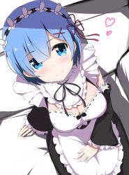 Rule 34 | 10s, 1girl, absurdres, bed, bed sheet, blue eyes, blue hair, blush, breasts, closed mouth, detached sleeves, hair ornament, hair over one eye, heart, highres, kirikan (cokekiri), looking at viewer, looking up, maid, maid headdress, medium breasts, on bed, re:zero kara hajimeru isekai seikatsu, rem (re:zero), ribbon-trimmed clothes, ribbon trim, short hair, smile, solo, x hair ornament