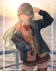 Rule 34 | 1girl, absurdres, aqua eyes, aqua hair, bad id, bad pixiv id, black jacket, black skirt, brown cardigan, cardigan, commentary request, cowboy shot, cup, disposable cup, hair ornament, hairclip, highres, jacket, kantai collection, kumanoko, long hair, looking at viewer, ocean, outdoors, pleated skirt, railing, skirt, solo, standing, steam, sunset, suzuya (kancolle), thighhighs