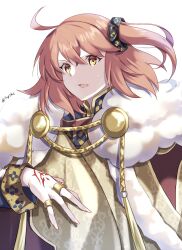 Rule 34 | 1girl, aiguillette, blue jacket, cloak, command spell, commentary, fate/grand order, fate (series), fujimaru ritsuka (female), fujimaru ritsuka (female) (imperial robe), fur-trimmed cloak, fur trim, gold ring, gold trim, hair between eyes, highres, jacket, jewelry, long sleeves, looking afar, medium hair, multiple rings, one side up, open mouth, orange hair, red cloak, ring, simple background, solo, twitter username, upper body, white background, yellow eyes, ymgyk2
