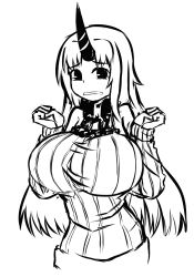 Rule 34 | 10s, 1girl, abyssal ship, breasts, deculture, frown, greyscale, horns, kantai collection, large breasts, monochrome, ribbed sweater, seaport princess, single horn, sweater, tears