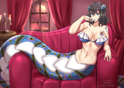 Rule 34 | 1girl, arm up, black hair, bloodstained: ritual of the night, blue eyes, bottomless, breast tattoo, breasts, candle, cleavage, commission, couch, curtains, dusk, hair ornament, horns, lace, lamia, large breasts, lying, midriff, miriam (bloodstained), monster girl, monsterification, moon, pale skin, redjet, seductive smile, short hair, smile, snake, snake tail, table, tail, tattoo, window