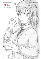 Rule 34 | 1girl, annoyed, azuminonomizua, blush, buttons, cardigan, collared shirt, commentary request, eating, fast food, food, food in mouth, french fries, greyscale, hand up, highres, holding, holding food, long sleeves, looking at viewer, low twintails, medium hair, monochrome, necktie, notice lines, recording, school uniform, shirt, simple background, solo, spot color, tamura yuri, timestamp, twintails, upper body, viewfinder, watashi ga motenai no wa dou kangaetemo omaera ga warui!