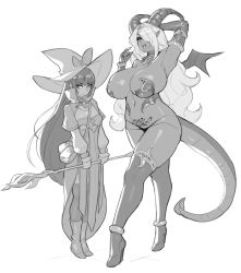 Rule 34 | 2girls, armpits, breast envy, breasts, commentary, curvy, dark-skinned female, dark skin, demon girl, demon horns, elbow gloves, eu03, full body, gloves, greyscale, hair over one eye, hat, highres, horns, long hair, mini wings, monochrome, multiple girls, original, over-kneehighs, pasties, pubic tattoo, small breasts, staff, standing, tail, tattoo, thighhighs, very long hair, wings, witch, witch hat
