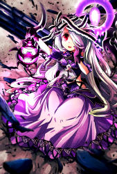 Rule 34 | 1girl, bare shoulders, blonde hair, breasts, column, debris, dress, gloves, gradient hair, hair over one eye, hand on own face, hat, hat ribbon, highres, lantern, long hair, multicolored hair, open mouth, pandora (p&amp;d), pikomarie, pillar, purple dress, purple gloves, puzzle &amp; dragons, red eyes, ribbon, silver hair, sitting, small breasts, solo, treasure chest, very long hair