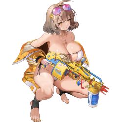 Rule 34 | 1girl, absurdres, anis (nikke), anis (sparkling summer) (nikke), bikini, black footwear, breasts, cleavage, collarbone, eyepatch bikini, goddess of victory: nikke, gun, highres, holding, holding gun, holding weapon, jacket, jewelry, non-web source, pendant, price tag, squatting, star (symbol), sunglasses, swimsuit, weapon, xi xeong, yellow eyes, yellow nails