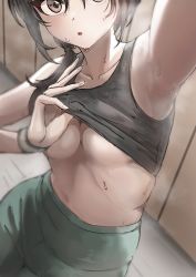Rule 34 | 1girl, absurdres, aoki kei, armpits, black tank top, breasts, cleavage, clothes lift, collarbone, green pants, highres, idolmaster, idolmaster cinderella girls, looking at viewer, medium breasts, pants, revision, shirt lift, short ponytail, side ponytail, solo, steam, steaming body, sweatdrop, tank top, trainer (idolmaster), ushimochi, wristband