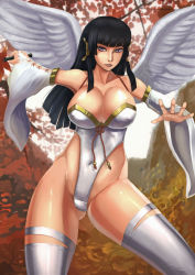 Rule 34 | 1girl, alternate costume, alternate hair length, alternate hairstyle, amibazh, black hair, boots, breasts, bridal gauntlets, covered erect nipples, dead or alive, dead or alive 5, detached sleeves, eyeliner, feathered wings, hair tubes, hand fan, highleg, highleg leotard, highres, hime cut, large breasts, leotard, lips, long hair, makeup, mole, mole under mouth, navel, no headwear, nyotengu, purple eyes, skin tight, solo, tecmo, thigh boots, thighhighs, thong leotard, white thighhighs, wide sleeves, wings