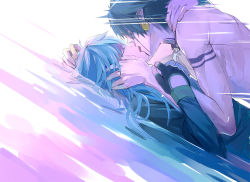 Rule 34 | 10s, 2boys, black hair, blue hair, dramatical murder, earrings, fingerless gloves, gloves, hand on another&#039;s face, hand on another&#039;s head, jewelry, kiss, male focus, multiple boys, niaoniaoyoo, ren (dramatical murder), seragaki aoba, topless male, tattoo, yaoi