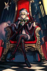 Rule 34 | 1girl, artoria pendragon (all), artoria pendragon (fate), black santa costume, blonde hair, boots, cape, checkered floor, excalibur morgan (fate), fate/grand order, fate (series), frown, fur trim, gloves, hat, hungry clicker, crossed legs, pantyhose, santa alter, santa costume, santa hat, sitting, solo, thigh boots, thighhighs, throne, yellow eyes