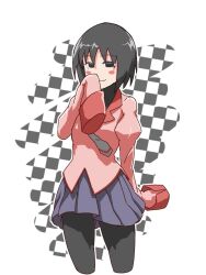 Rule 34 | 1girl, black background, black eyes, black hair, black pantyhose, black undershirt, blush stickers, bob cut, breasts, checkered background, closed mouth, commentary, covering own mouth, cropped legs, floating neckwear, grey necktie, hand over own mouth, highres, looking at viewer, monogatari (series), naoetsu high school uniform, necktie, oshino ougi, pantyhose, pink skirt, pleated skirt, puffy sleeves, purple skirt, risator, school uniform, short hair, skirt, sleeves past fingers, sleeves past wrists, small breasts, smile, smug, solo, standing, turtleneck, very long sleeves, white background
