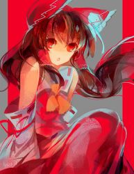 Rule 34 | 1girl, ascot, bow, brown hair, detached sleeves, grey background, hair bow, hair tubes, hakurei reimu, highres, long hair, looking at viewer, lyiet, midriff, open mouth, red background, red eyes, ribbon-trimmed sleeves, ribbon trim, simple background, sitting, solo, striped, striped background, touhou, upper body, vertical stripes, watermark, web address, wind