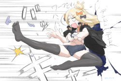 Rule 34 | 1girl, :d, abigail williams (fate), abigail williams (traveling outfit) (fate), bandaid, bandaid on face, bandaid on forehead, black bow, black jacket, black thighhighs, blonde hair, blue eyes, blue one-piece swimsuit, bow, crossed bandaids, fang, fate/grand order, fate (series), fingernails, flying kick, foreshortening, hair bow, hair bun, highres, jacket, jacket on shoulders, kicking, long hair, looking away, name tag, neon-tetora, no shoes, official alternate costume, old school swimsuit, one-piece swimsuit, open mouth, orange bow, parted bangs, polka dot, polka dot bow, school swimsuit, simple background, single hair bun, smile, solo, speed lines, swimsuit, thighhighs, translation request, v-shaped eyebrows, white background