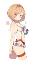 Rule 34 | 1girl, arm behind back, blush, bow, breasts, brown eyes, cleavage, closed mouth, commentary request, cropped legs, djeeta (granblue fantasy), djeeta (summer) (granblue fantasy), frilled swimsuit, frills, from side, gin00, granblue fantasy, hairband, halterneck, looking at viewer, medium breasts, one-piece swimsuit, red bow, short hair, simple background, solo, standing, stomach, swimsuit, thigh strap, white background, white one-piece swimsuit