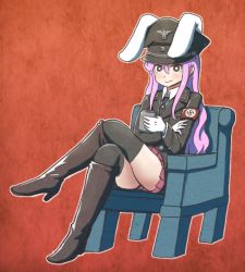 Rule 34 | 1girl, alison (alison airlines), animal ears, bad id, bad pixiv id, black thighhighs, boots, chair, crossed legs, flask, gloves, high heel boots, high heels, highres, long hair, military, military uniform, miniskirt, nazi, necktie, pleated skirt, rabbit ears, reisen udongein inaba, sitting, skirt, smile, solo, swastika, thighhighs, totenkopf, touhou, uniform, white gloves
