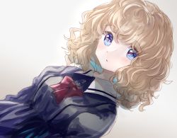 Rule 34 | 1girl, :o, absurdres, blonde hair, blue dress, blue eyes, bow, bowtie, collared dress, commentary, dress, highres, long sleeves, looking at viewer, maribel hearn, minus (sr mineka), open mouth, red bow, short hair, solo, touhou, upper body, wavy hair