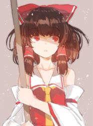 Rule 34 | 1girl, arm garter, ascot, bad id, bad pixiv id, bare shoulders, bow, broom, brown hair, collarbone, detached sleeves, hair bow, hair tubes, hakurei reimu, holding, holding broom, japanese clothes, looking away, miko, parted lips, pokan (xz1128), red bow, red eyes, solo, touhou, upper body, wide sleeves