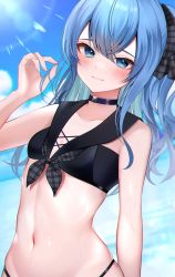 Rule 34 | 1girl, arm up, bare arms, bare shoulders, bikini, black bikini, black choker, black ribbon, black sailor collar, blue eyes, blue hair, blue sky, blush, choker, closed mouth, cloud, day, eye focus, hair ribbon, highres, hololive, hoshimachi suisei, lens flare, long hair, looking at viewer, namagome negi, navel, ocean, one side up, revision, ribbon, sailor bikini, sailor collar, skindentation, sky, smile, solo, stomach, sunlight, swimsuit, upper body, virtual youtuber