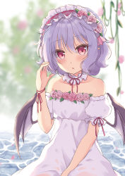 Rule 34 | 1girl, alternate costume, bat wings, beni kurage, blue hair, blurry, blurry background, blush, brick floor, collar, collarbone, commentary request, cowboy shot, detached collar, dress, flower, frilled collar, frilled hairband, frills, hair between eyes, hair flower, hair ornament, hairband, hand up, highres, looking at viewer, off-shoulder dress, off shoulder, petals, pink eyes, pink flower, pink rose, pointy ears, puffy short sleeves, puffy sleeves, red hairband, red ribbon, remilia scarlet, ribbon, rose, short hair, short sleeves, solo, touhou, water, white dress, wings, wrist ribbon