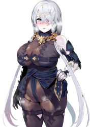 Rule 34 | 1girl, armor, atelier (series), atelier ryza, atelier ryza 1, bad id, bad pixiv id, bare shoulders, blush, bodysuit, breasts, breath, closed mouth, colored skin, cowboy shot, fur collar, hair ornament, hair over one eye, hairclip, hand on own hip, ikuchan kaoru, large breasts, lila decyrus, long hair, looking at viewer, low twintails, multicolored skin, parted lips, purple eyes, silver hair, simple background, solo, twintails, very long hair, white background