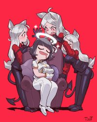 Rule 34 | + +, 4girls, ahoge, animal ears, armchair, artist name, azazel (helltaker), black footwear, black gloves, black hair, black pants, black vest, blouse, blunt bangs, blush, breasts, cerberus (helltaker), chair, closed eyes, commentary, cushion, demon tail, dog ears, drooling, english commentary, fang, full body, gloves, hair ribbon, halo, hand up, helltaker, highres, long hair, long sleeves, medium breasts, mouth drool, multiple girls, notepad, open mouth, pants, red background, red eyes, red shirt, ribbon, shirt, shoes, short hair, short sleeves, simple background, sitting, sleeping, sparkle, sweatdrop, symbol-shaped pupils, tail, toot, triplets, v-shaped eyebrows, vest, waistcoat, white background, white footwear, white gloves, white hair, white pants, white ribbon, white shirt