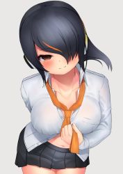 Rule 34 | 1girl, absurdres, alternate costume, arm behind back, black hair, black skirt, blush, breasts, brown eyes, collarbone, commentary, cowboy shot, deku suke, dress shirt, emperor penguin (kemono friends), grey background, hair over one eye, head tilt, headphones, highres, kemono friends, large breasts, leaning forward, long sleeves, looking at viewer, navel, necktie, open clothes, open shirt, orange necktie, partially unbuttoned, pleated skirt, school uniform, shirt, simple background, skirt, smile, solo