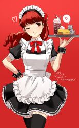 Rule 34 | 1girl, absurdres, alternate costume, animal, apron, aznmeee, black dress, black thighhighs, closed mouth, commentary request, dress, enmaided, floating hair, food, frilled apron, frilled dress, frills, hair ribbon, hand on own hip, highres, holding, holding tray, long hair, maid, maid apron, maid headdress, mouse (animal), neck ribbon, one eye closed, persona, persona 5, persona 5 the royal, ponytail, puffy short sleeves, puffy sleeves, red background, red eyes, red hair, red ribbon, ribbon, short sleeves, signature, simple background, smile, thighhighs, tray, white apron, wrist cuffs, yoshizawa kasumi