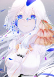 1girl alternate_body_fluid arm_behind_back ascot blue_eyes blue_flower breasts cluseller colored_skin crying female_focus flower forget-me-not_(flower) gradient_background grey_background hair_between_eyes hair_ribbon hand_up highres large_breasts light_particles long_hair long_sleeves looking_at_viewer orange_ascot orange_ribbon original petals ribbed_sweater ribbon sad simple_background solo sweater tears turtleneck turtleneck_sweater upper_body white_hair white_skin white_sweater