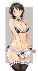 Rule 34 | 1girl, amagami, apron, apron pull, bare shoulders, bikini, black thighhighs, blush, border, breasts, brown hair, choker, cleavage, clothes pull, commentary request, covering crotch, covering privates, embarrassed, frilled choker, frills, grey background, grey eyes, large breasts, maid, maid bikini, maid headdress, navel, open mouth, serizawa (serizawaroom), short hair, standing, stomach, swimsuit, takahashi maya, thighhighs, unconventional maid, underboob, waist apron, white border, wrist cuffs