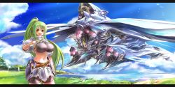 Rule 34 | 1girl, :d, aircraft, airship, armor, belt, bike shorts, blue sky, breasts, cloud, day, fantasy, flying, green hair, happy, highres, huge breasts, letterboxed, long hair, midriff, navel, ocean, open mouth, original, perky breasts, pointing, ponytail, sachito, ship, sky, smile, solo, standing, sumi-chan (sachito), watercraft, yellow eyes
