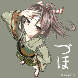 Rule 34 | &gt;:), 10s, 1girl, brown eyes, camouflage, from above, grey hair, hachimaki, hand on forehead, hand on own hip, headband, japanese clothes, kantai collection, looking at viewer, muneate, ponytail, sandals, solo, twitter username, v-shaped eyebrows, white legwear, wide sleeves, yakob labo, zuihou (kancolle)