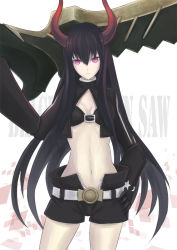 Rule 34 | 10s, 1girl, bad id, bad pixiv id, bikini, bikini top only, black gold saw, black hair, black rock shooter, gauntlet style gloves, gloves, horns, huge weapon, jacket, king saw, long hair, midriff, navel, open fly, red eyes, rinbukyoku, shorts, solo, star (symbol), swimsuit, sword, unzipped, very long hair, weapon