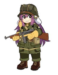 Rule 34 | 101st airborne, 1girl, :3, alternate costume, animal ears, army, blush, boots, brown footwear, closed mouth, coat, combat helmet, commentary, commentary request, english commentary, floppy ears, full body, gloves, green coat, green pants, gun, hair between eyes, helmet, highres, hikibee, holding, holding gun, holding weapon, long hair, long sleeves, looking at viewer, medium bangs, military uniform, pants, patch, purple hair, rabbit ears, rabbit girl, red eyes, reisen udongein inaba, simple background, smile, soldier, solo, submachine gun, thompson submachine gun, touhou, uniform, very long hair, weapon, white background, yellow gloves