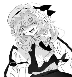 Rule 34 | 1girl, ascot, crystal, flandre scarlet, hat, hat ribbon, limited palette, mob cap, one side up, open mouth, puffy short sleeves, puffy sleeves, ramochi, ribbon, short hair, short sleeves, side ponytail, skirt, skirt set, teeth, touhou, upper teeth only, vest, white hat, wings