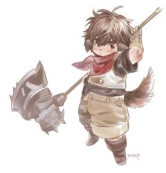 Rule 34 | 1boy, absurdres, animal ears, artist name, axe, bandana, bandana around neck, brown footwear, brown gloves, brown shorts, dog boy, dog ears, dog tail, furry, furry male, gloves, highres, holding, holding axe, holding polearm, holding weapon, looking at viewer, lord of heroes, male focus, polearm, red bandana, schneider (lord of heroes), shorts, tail, wasp (anthyutena), weapon, weapon behind back, white background